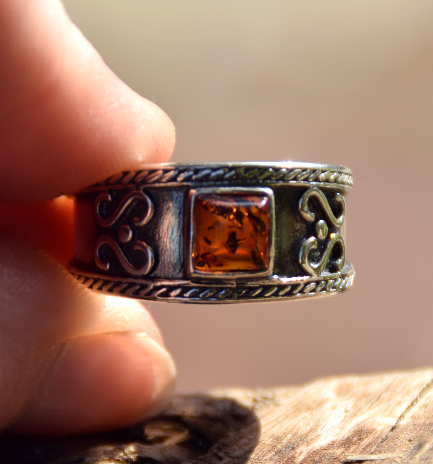 Bold design ring with natural cognac amber and 925 Silver, MJ Baltica, BP080
