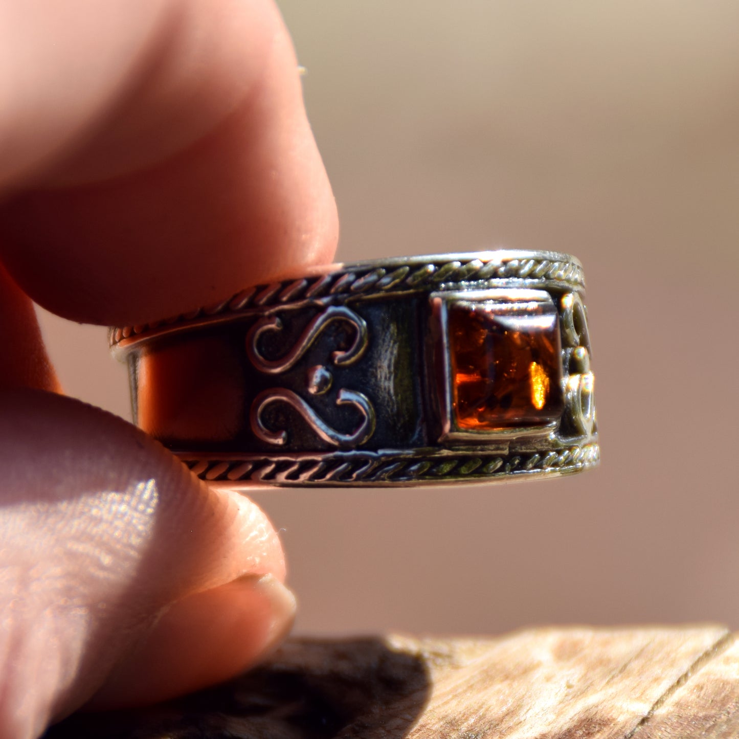 Bold design ring with natural cognac amber and 925 Silver, MJ Baltica, BP080