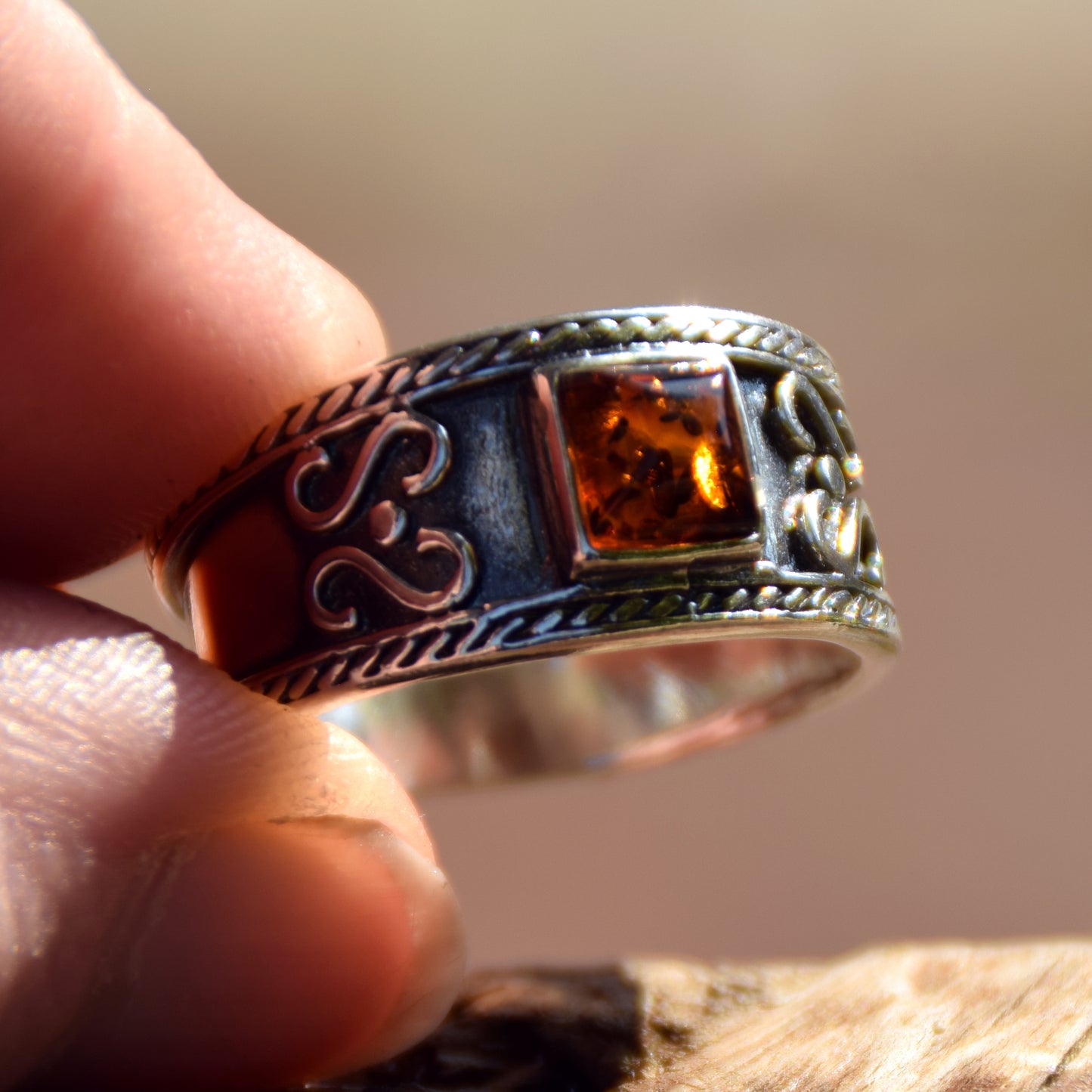 Bold design ring with natural cognac amber and 925 Silver, MJ Baltica, BP080