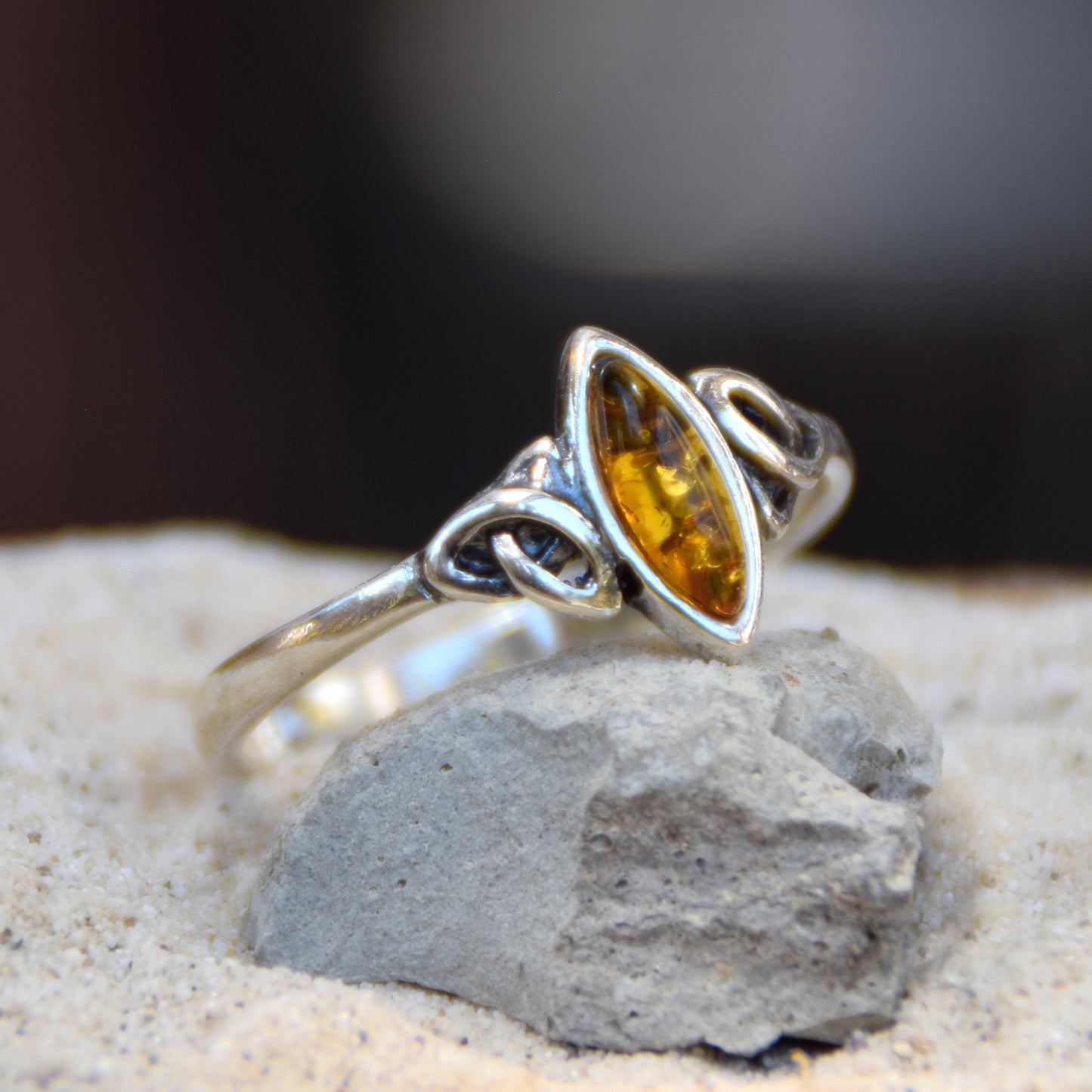 Delicate Celtic-style ring with natural cognac amber and 925 Silver, MJ Baltca, BP081