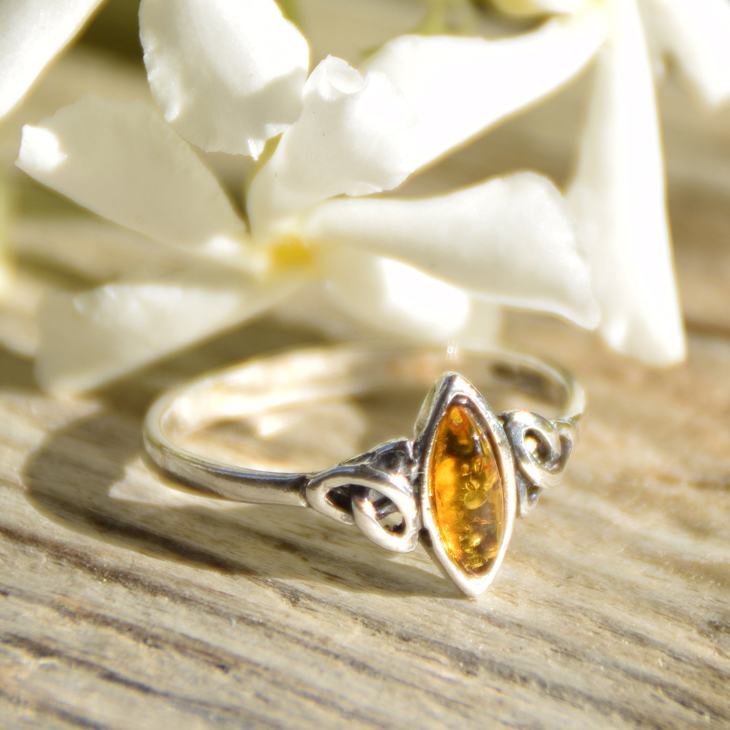 Delicate Celtic-style ring with natural cognac amber and 925 Silver, MJ Baltca, BP081