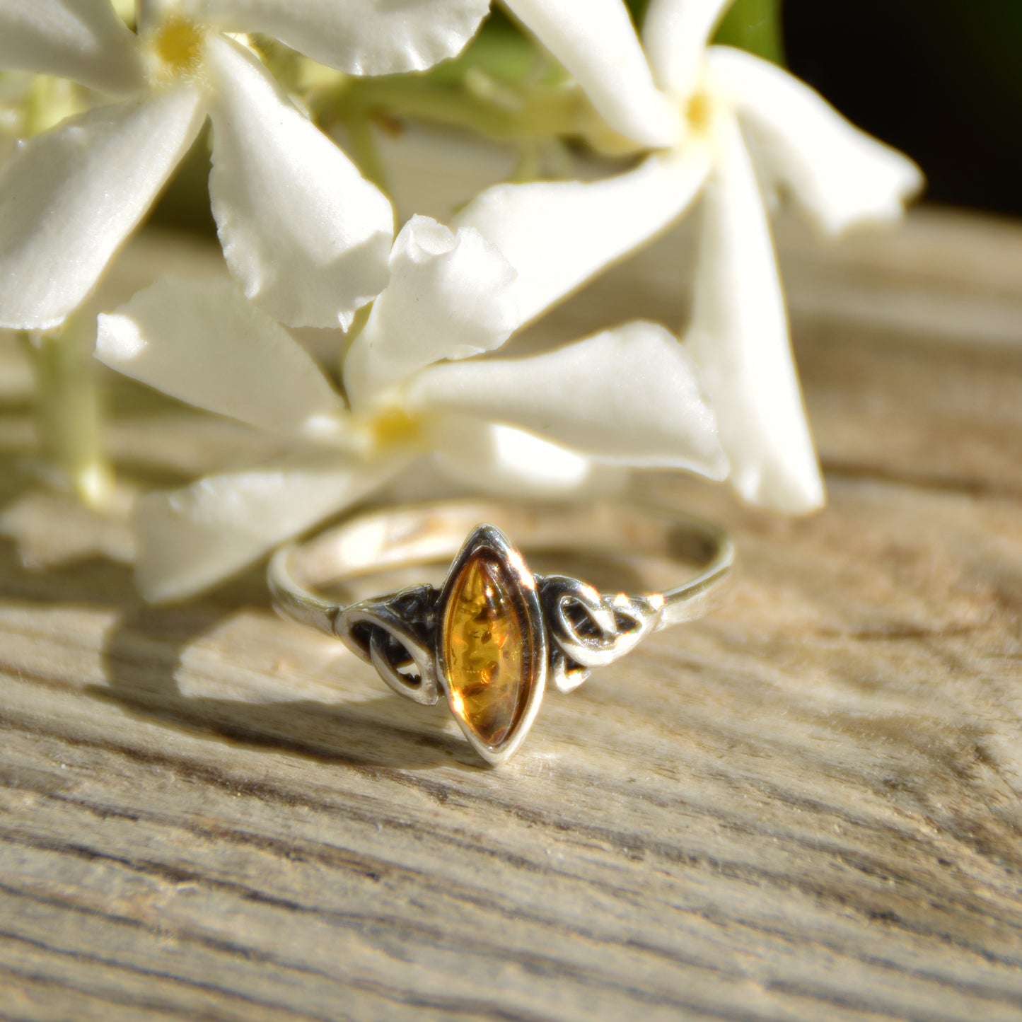 Delicate Celtic-style ring with natural cognac amber and 925 Silver, MJ Baltca, BP081