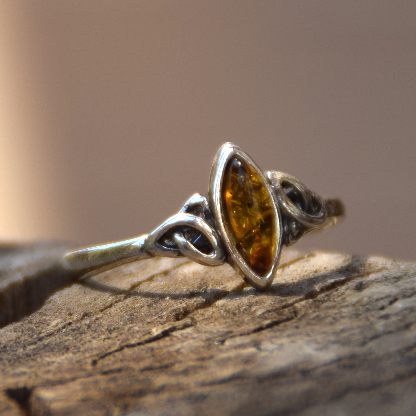 Delicate Celtic-style ring with natural cognac amber and 925 Silver, MJ Baltca, BP081