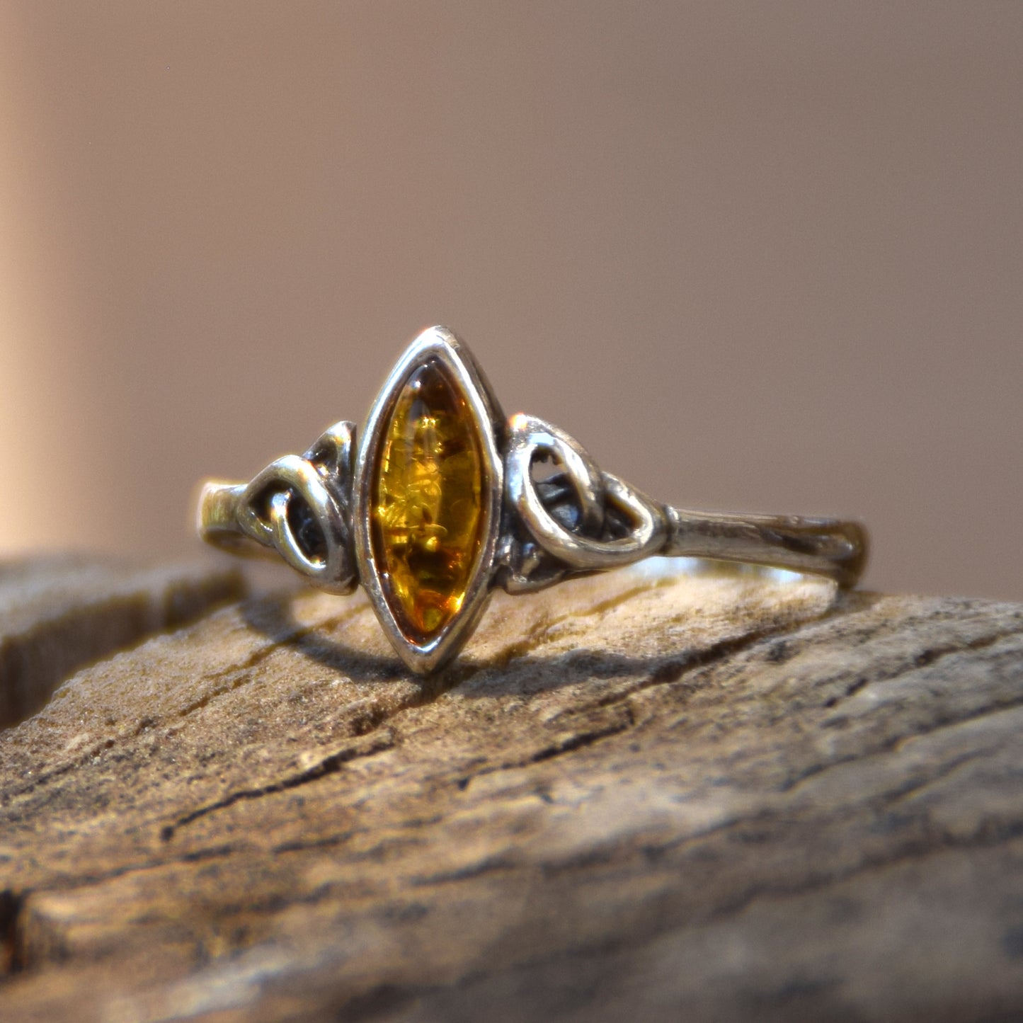 Delicate Celtic-style ring with natural cognac amber and 925 Silver, MJ Baltca, BP081