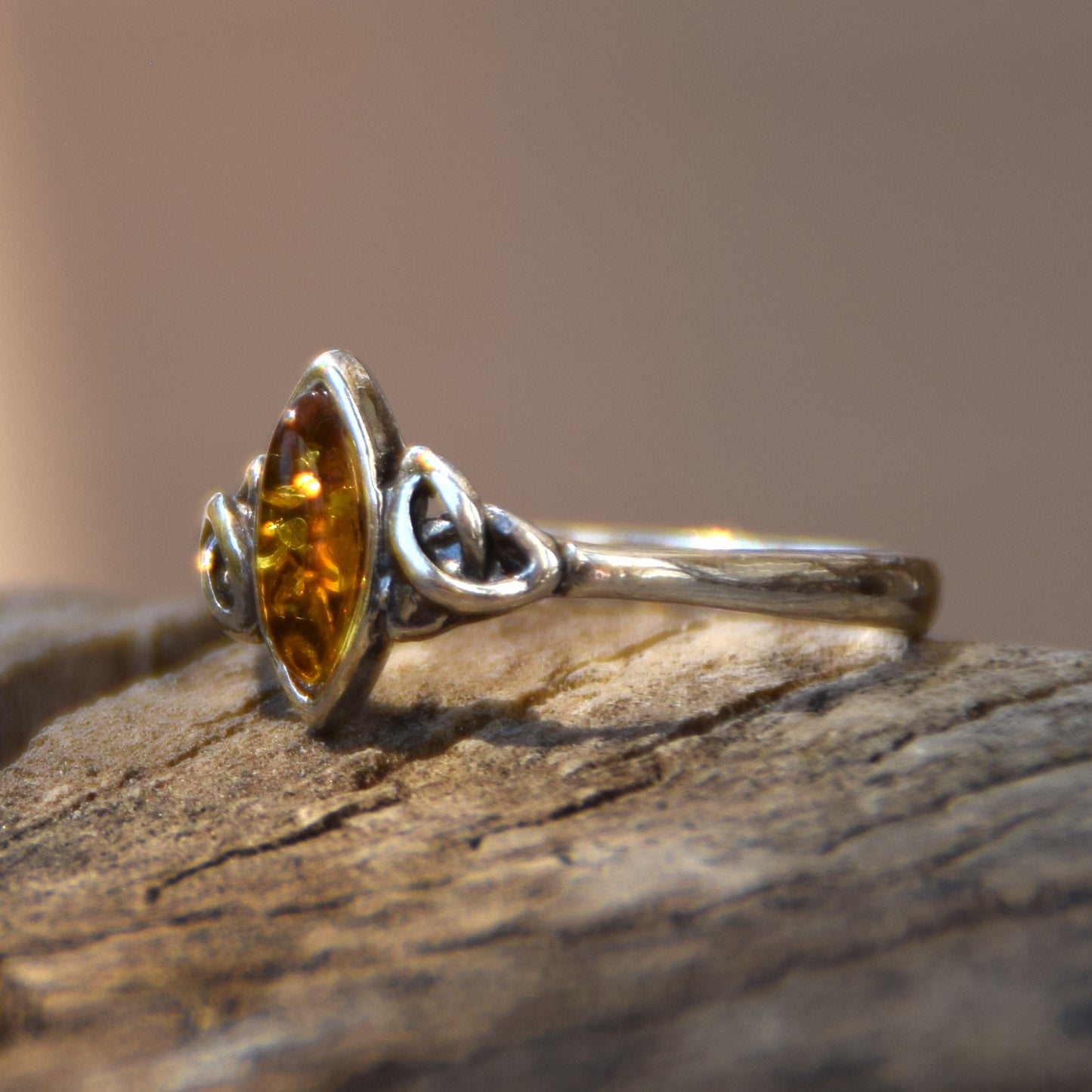 Delicate Celtic-style ring with natural cognac amber and 925 Silver, MJ Baltca, BP081