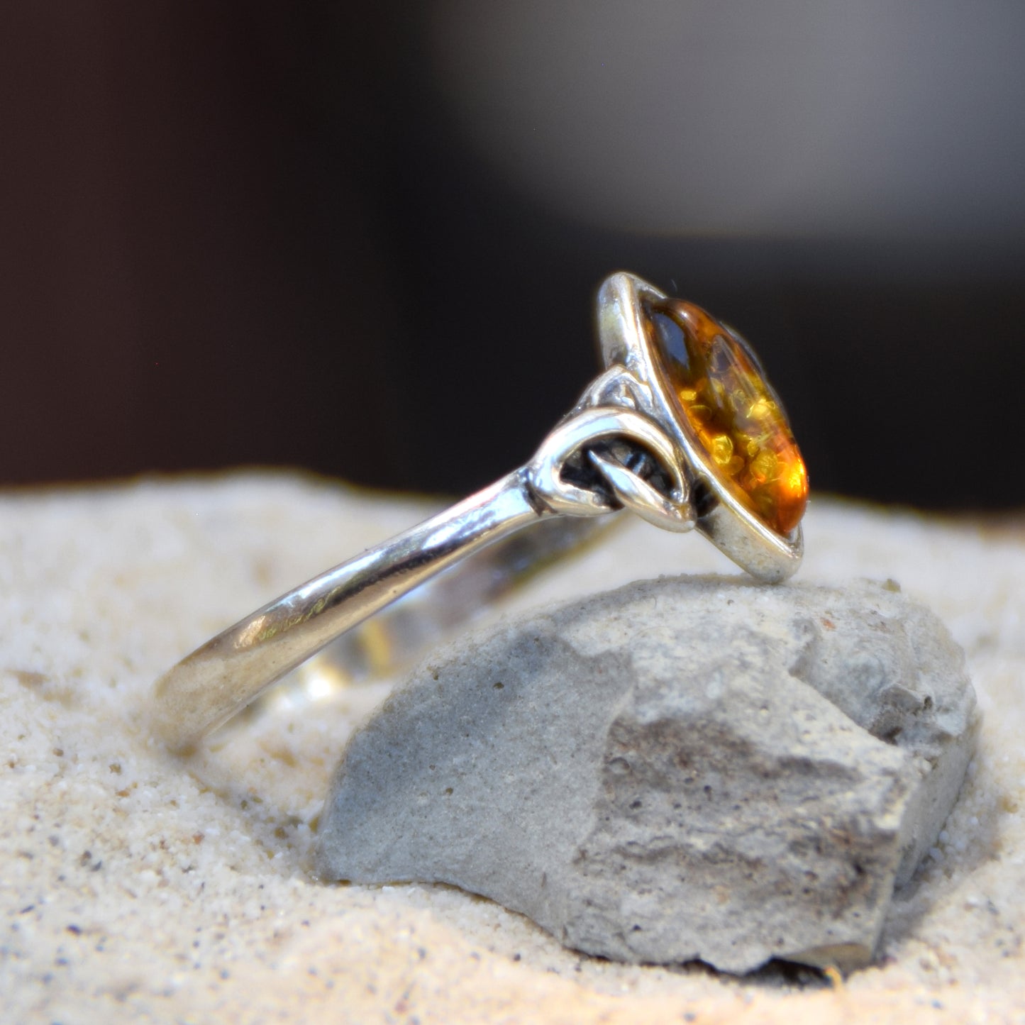 Delicate Celtic-style ring with natural cognac amber and 925 Silver, MJ Baltca, BP081