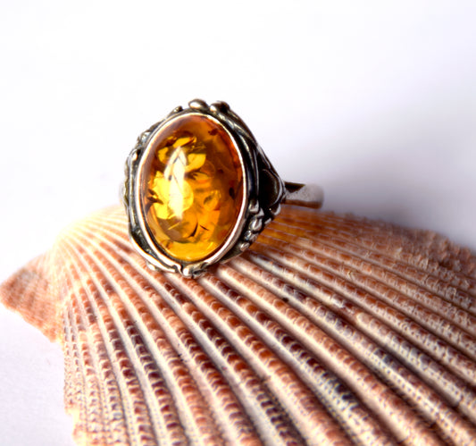 MJ Baltica, ring, natural Baltic Amber, 925 Silver, handcrafted, classic, cognac, large, BP084