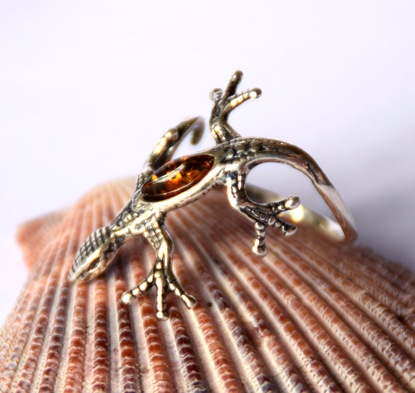 MJ Baltica, ring, natural Baltic amber, 925 silver, gecko, lizard, wraps, luminous, band, BP086