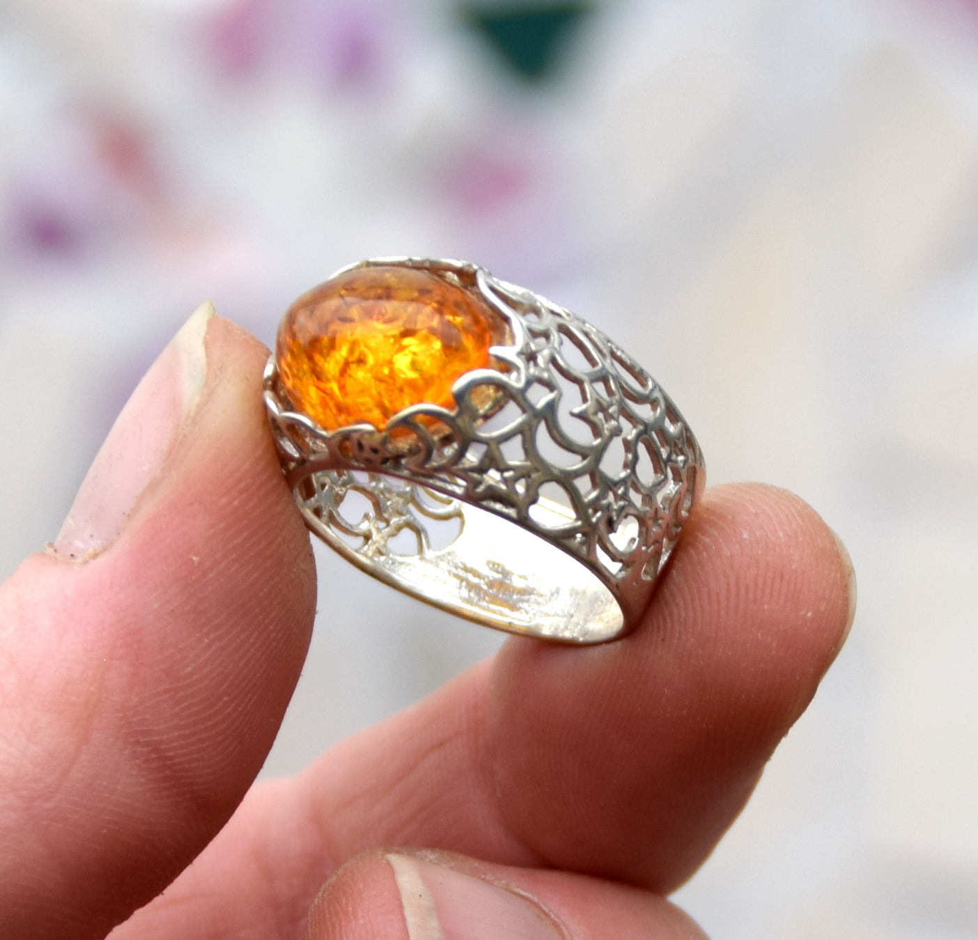 MJ Baltica, ring, natural Baltic Amber, 925 Silver, handcrafted, band, luminous BP089