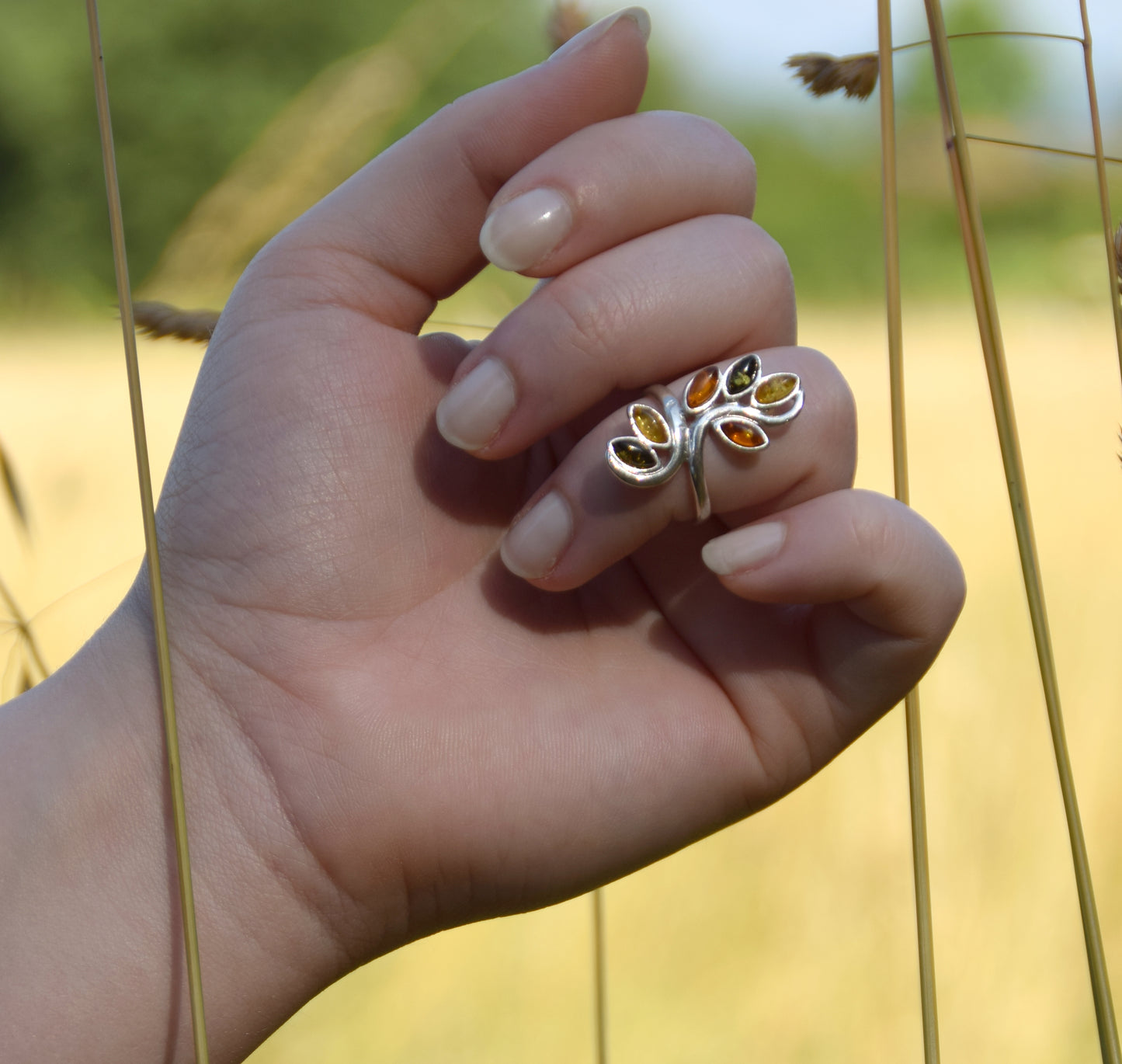 MJ Baltica, ring, natural Baltic Amber, 925 Silver, handcrafted, floral, luminous BP091