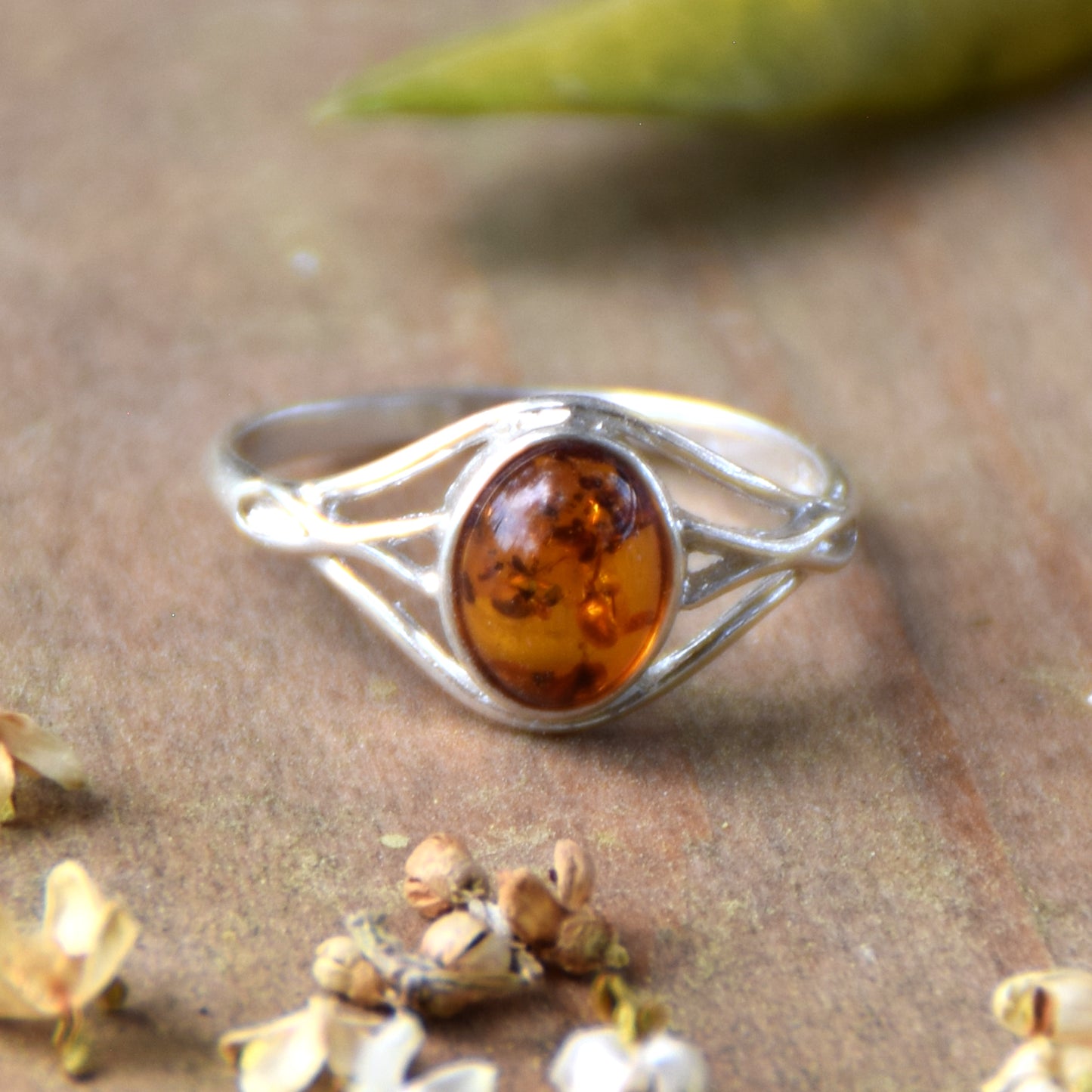 Delicate minimalist-style ring made with natural cognac-colored Amber and 925 Silver, MJ Baltica, BP096
