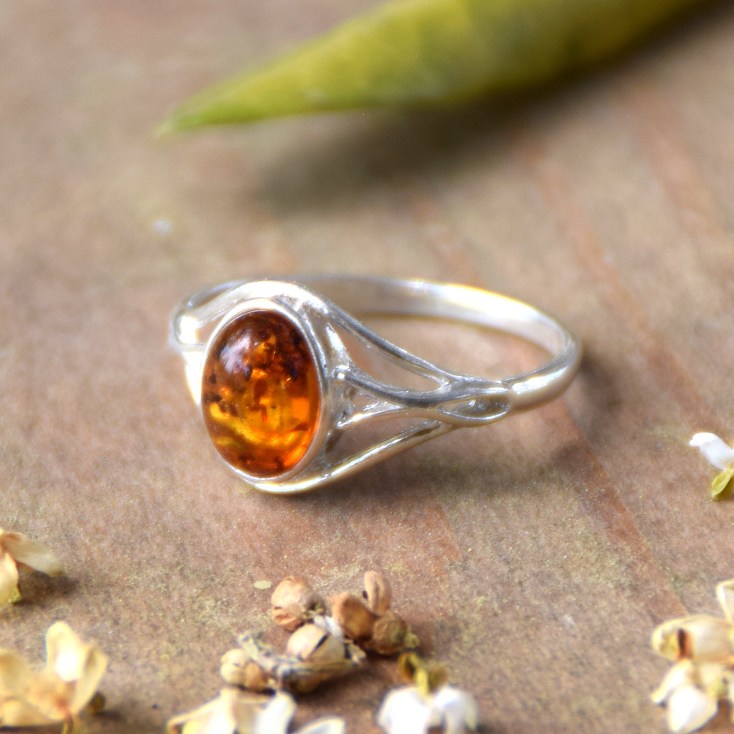 Delicate minimalist-style ring made with natural cognac-colored Amber and 925 Silver, MJ Baltica, BP096