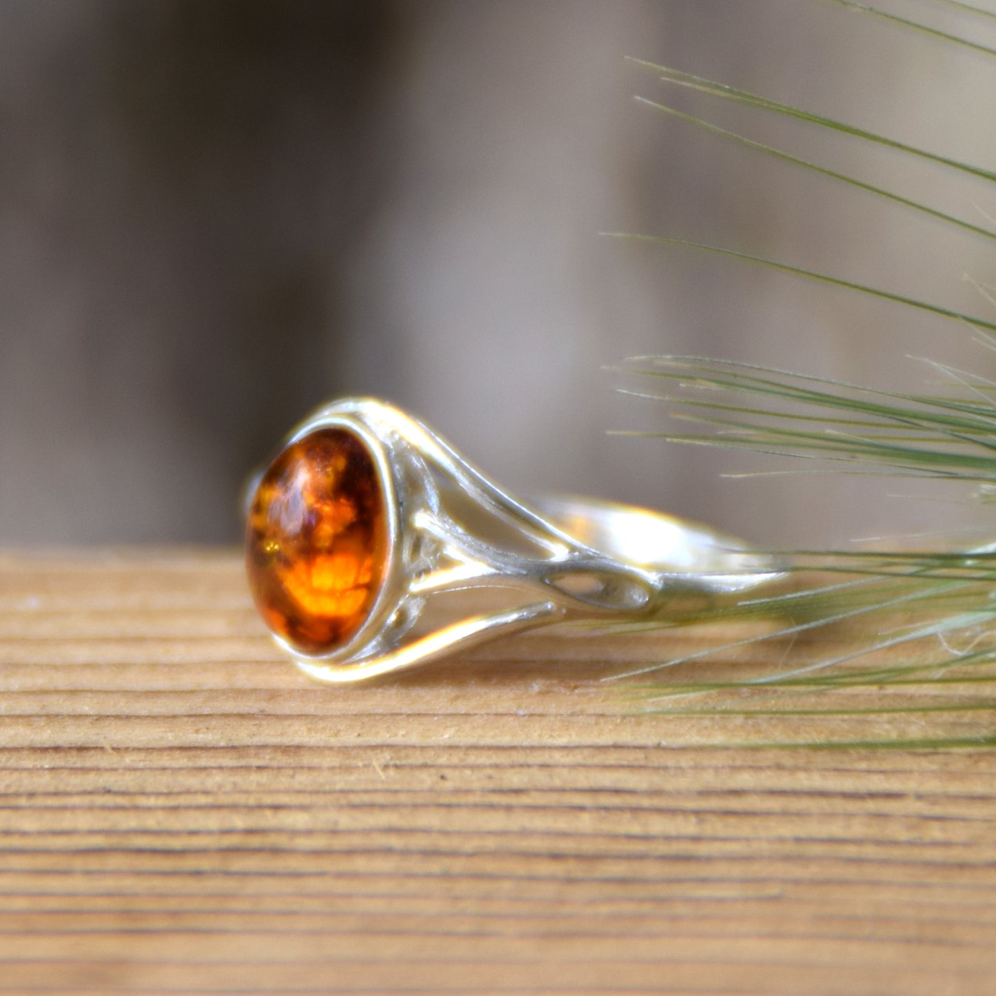 Delicate minimalist-style ring made with natural cognac-colored Amber and 925 Silver, MJ Baltica, BP096