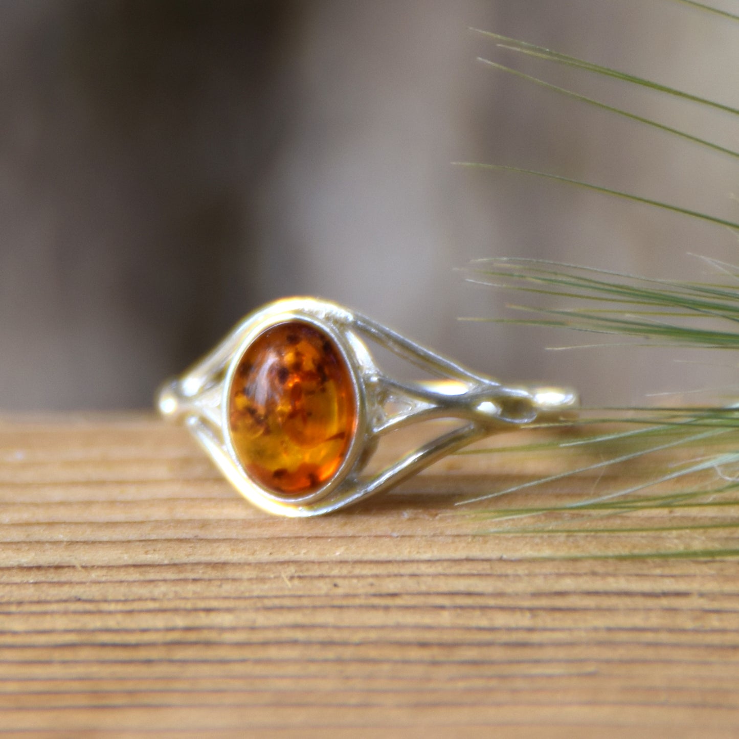 Delicate minimalist-style ring made with natural cognac-colored Amber and 925 Silver, MJ Baltica, BP096