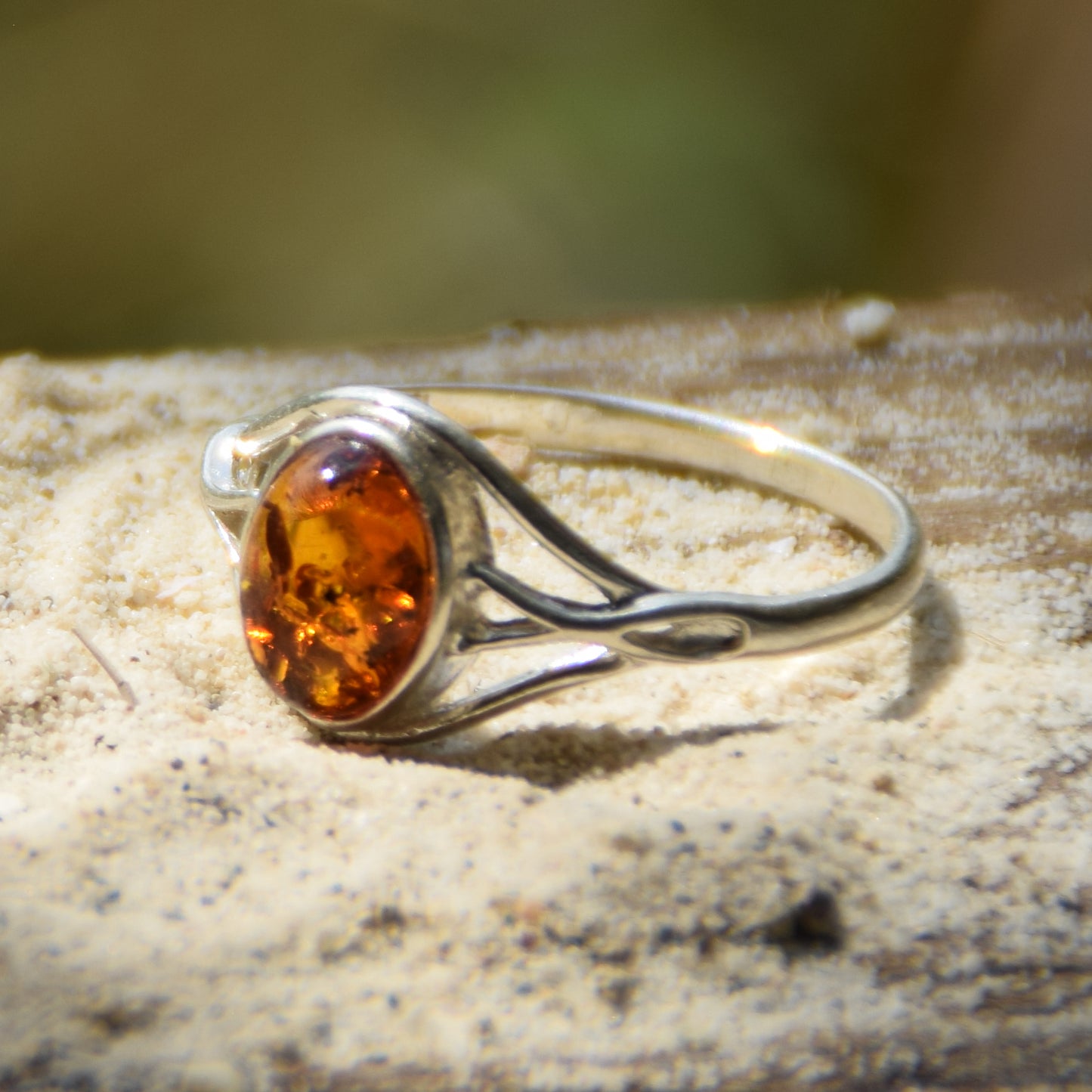 Delicate minimalist-style ring made with natural cognac-colored Amber and 925 Silver, MJ Baltica, BP096
