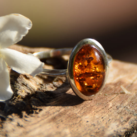 Bright, essential-style ring with natural cognac amber and 925 Silver, MJ Baltica, BP099