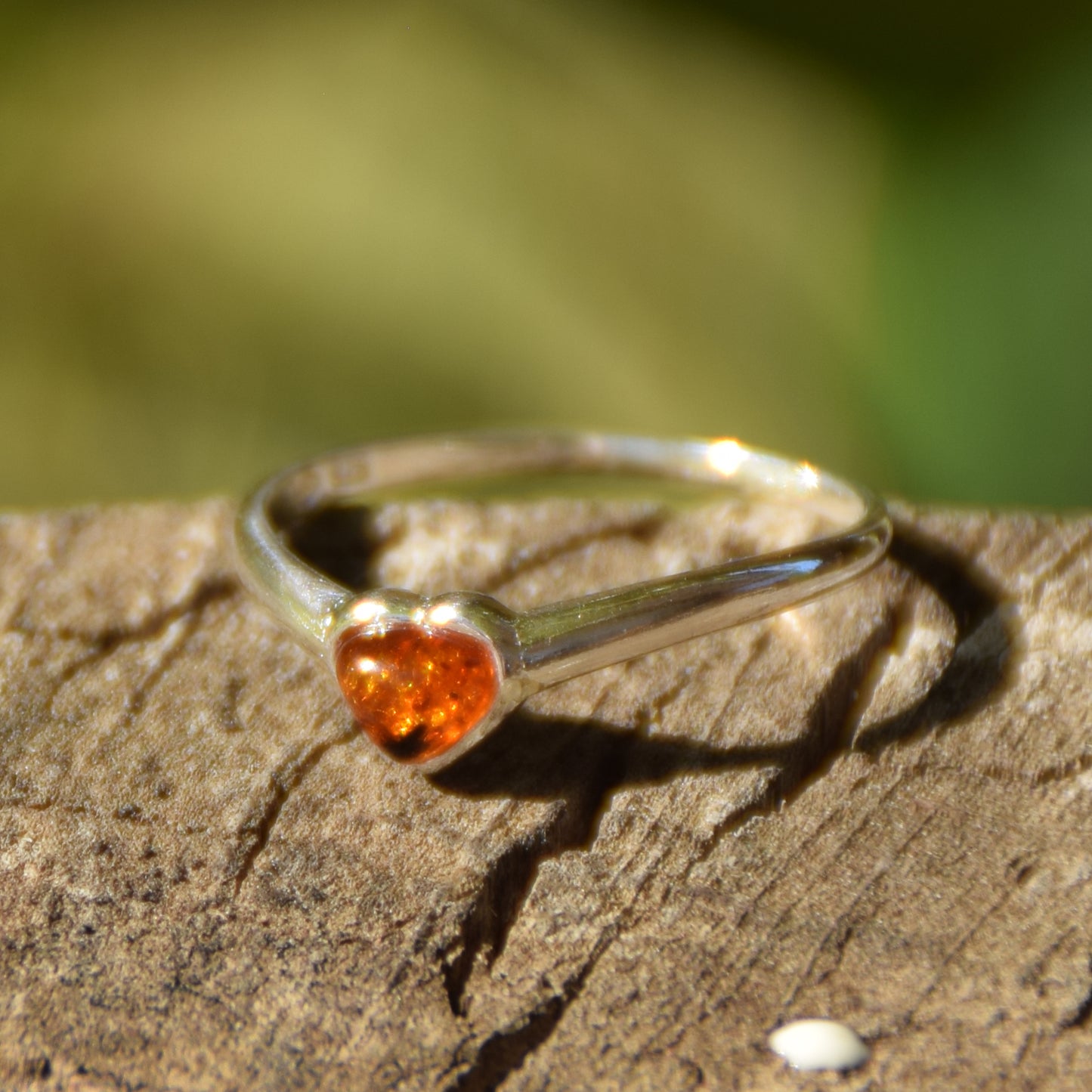 Romantic ring with a delicate cognac-colored natural Amber heart and 925 Sterling Silver, MJ Baltica, BP101
