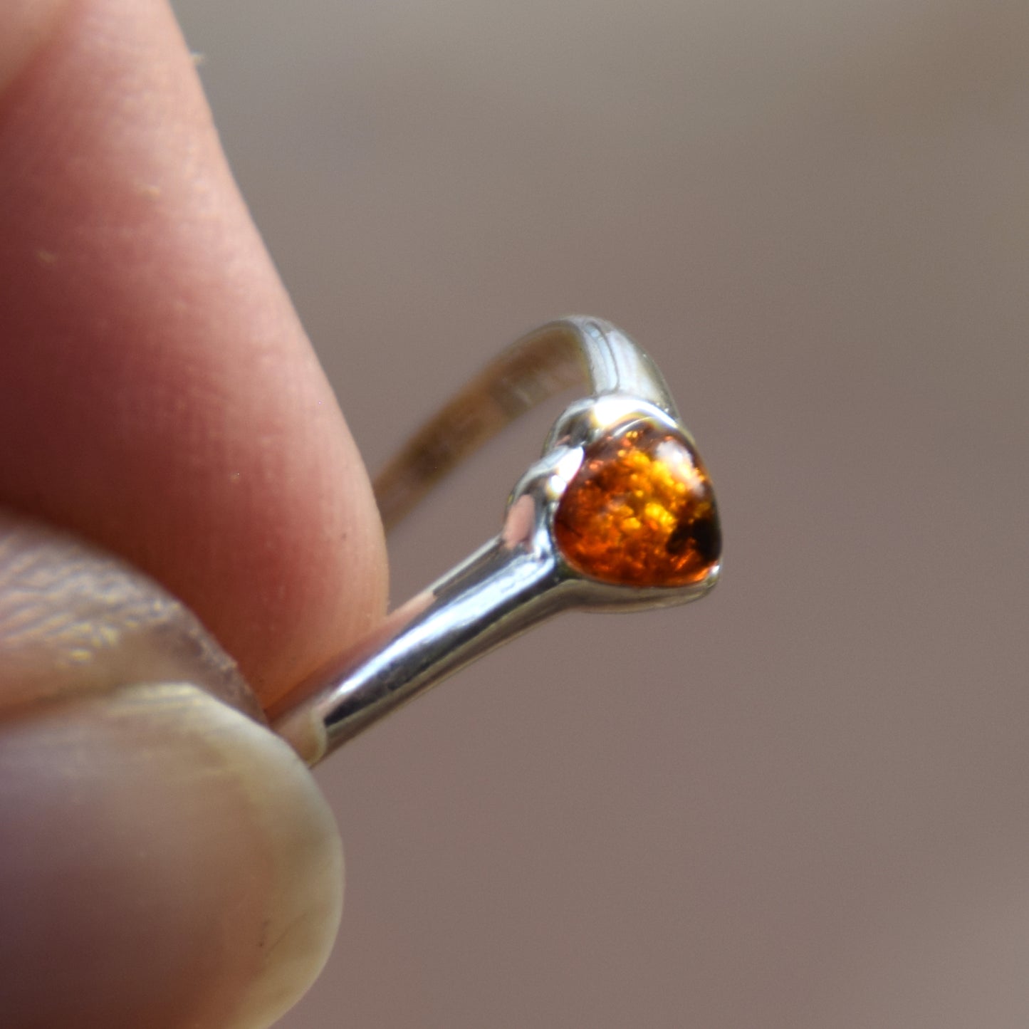 Romantic ring with a delicate cognac-colored natural Amber heart and 925 Sterling Silver, MJ Baltica, BP101