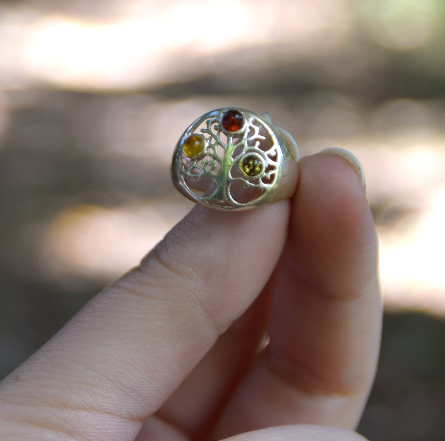 MJ Baltica, ring, natural Baltic Amber, 925 Silver, handcrafted, multicolored, tree of life, luminous, delicate, BP102