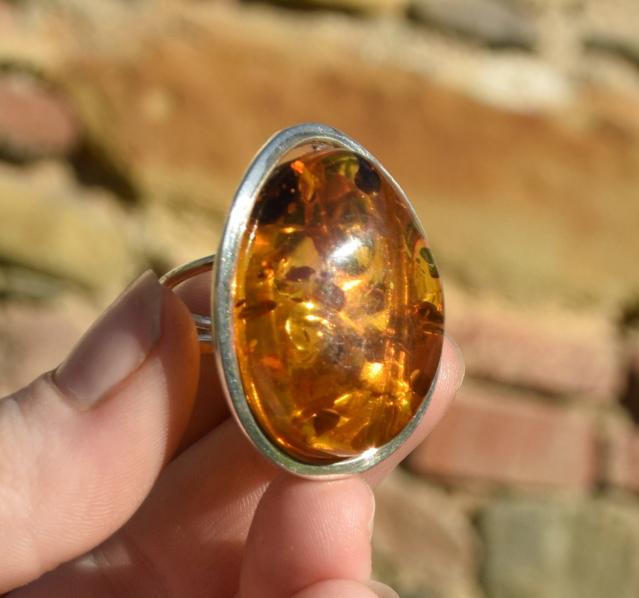 MJ Baltica, ring, Natural Baltic Amber, 925 Silver, large, luminous, cognac, adjustable and unique BP106