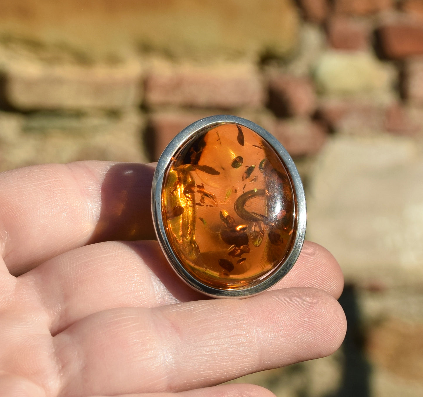 MJ Baltica, ring, Natural Baltic Amber, 925 Silver, large, luminous, cognac, adjustable and unique BP106