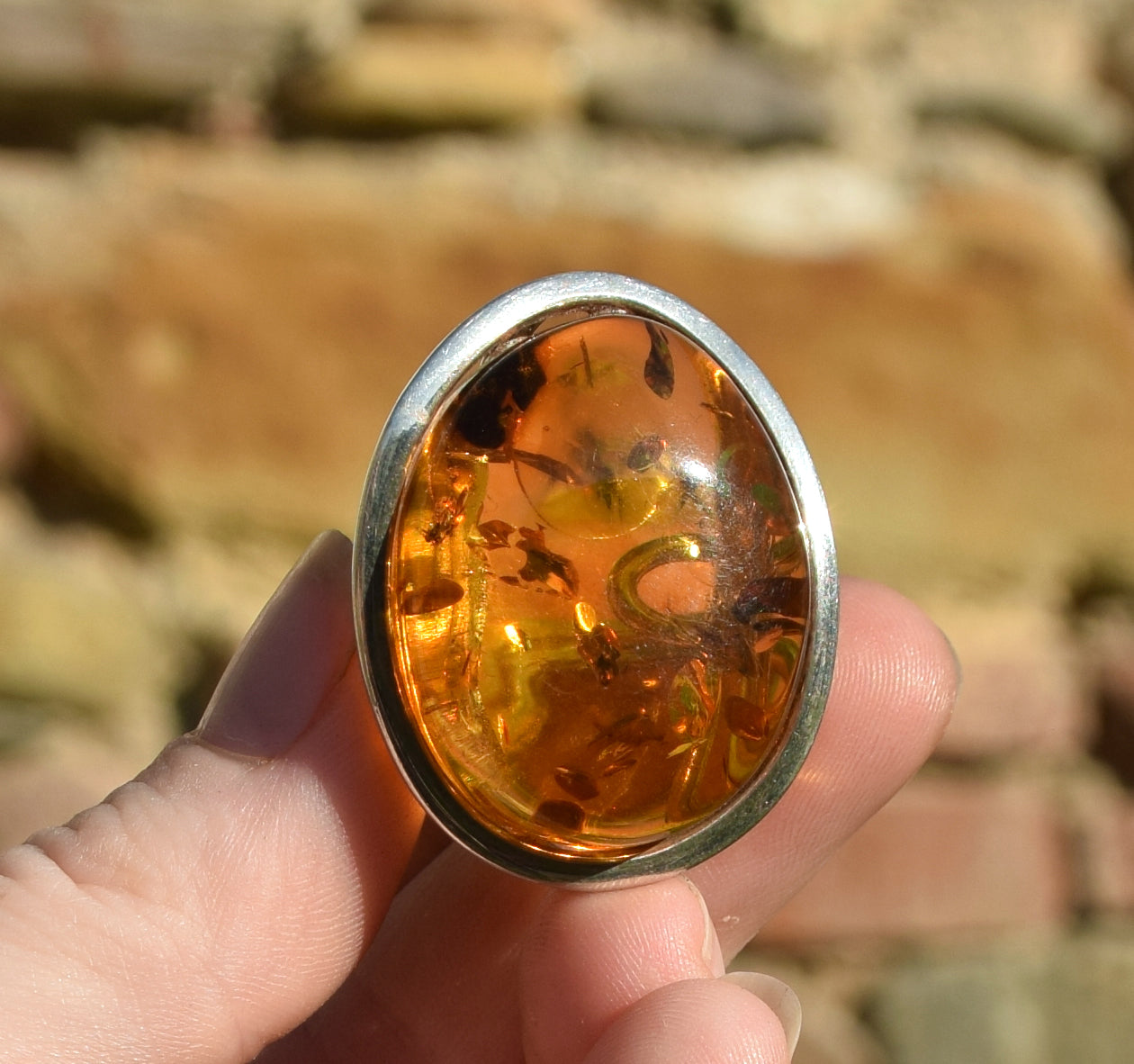 MJ Baltica, ring, Natural Baltic Amber, 925 Silver, large, luminous, cognac, adjustable and unique BP106