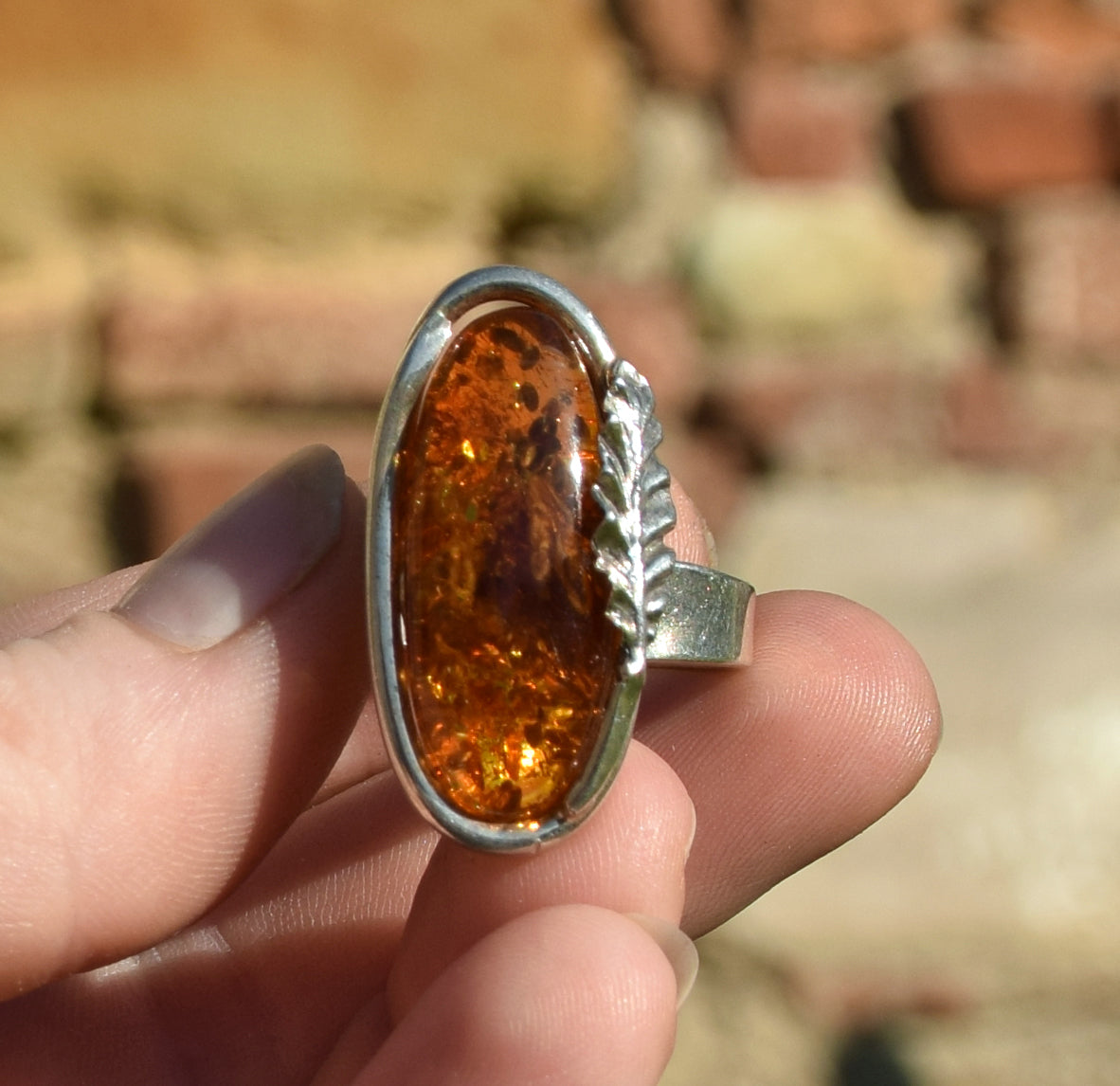 MJ Baltica, ring, Natural Baltic Amber, 925 Silver, large, luminous, cognac, adjustable and unique BP107