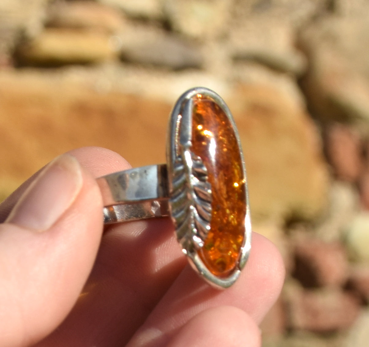 MJ Baltica, ring, Natural Baltic Amber, 925 Silver, large, luminous, cognac, adjustable and unique BP107