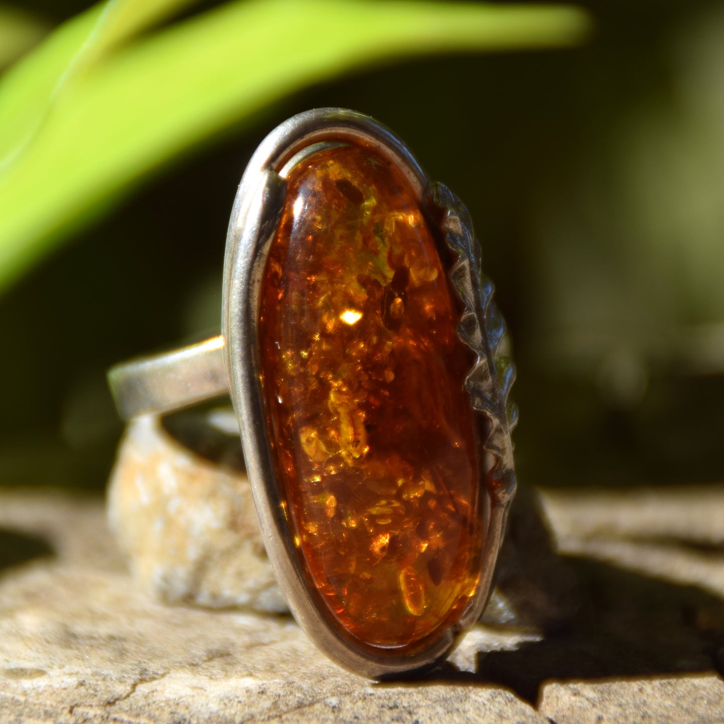 Large adjustable vintage-style ring with cognac-colored Natural Amber and 925 Silver, MJ Baltica, BP107
