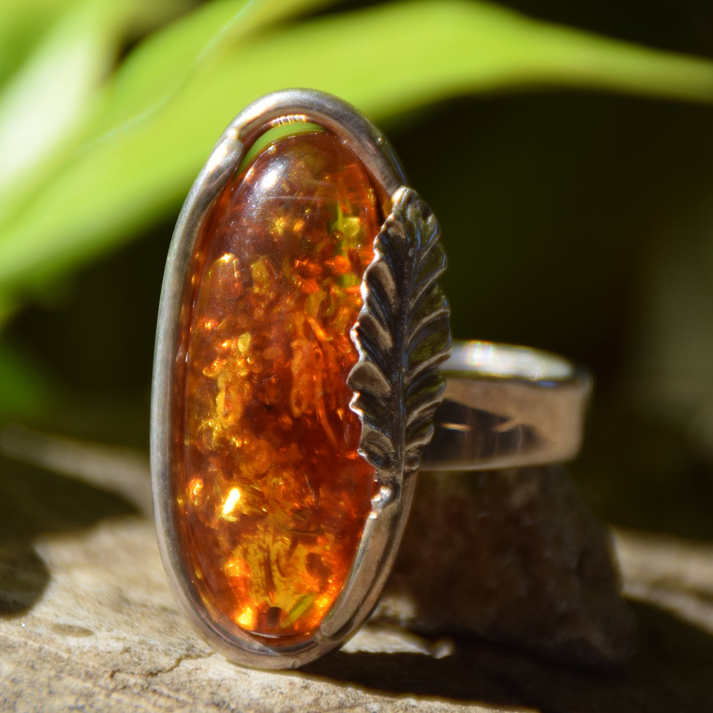 Large adjustable vintage-style ring with cognac-colored Natural Amber and 925 Silver, MJ Baltica, BP107