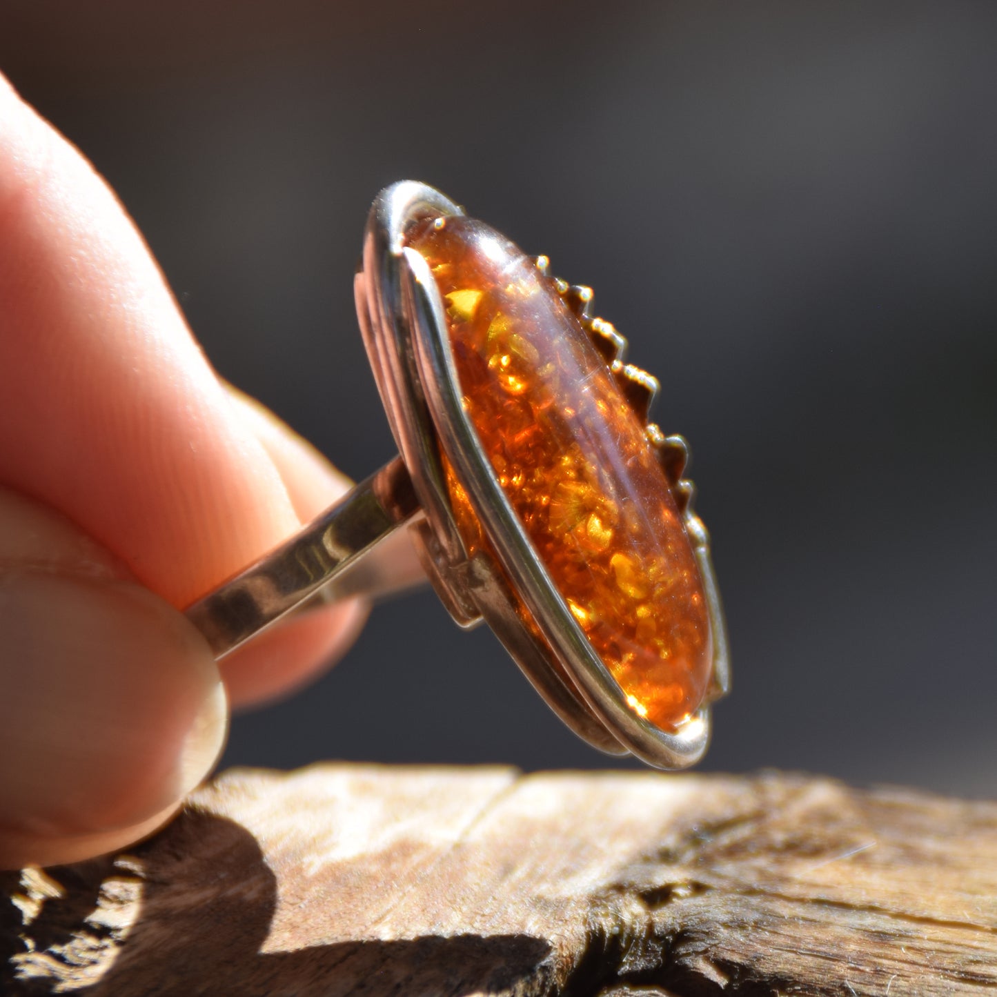 Large adjustable vintage-style ring with cognac-colored Natural Amber and 925 Silver, MJ Baltica, BP107