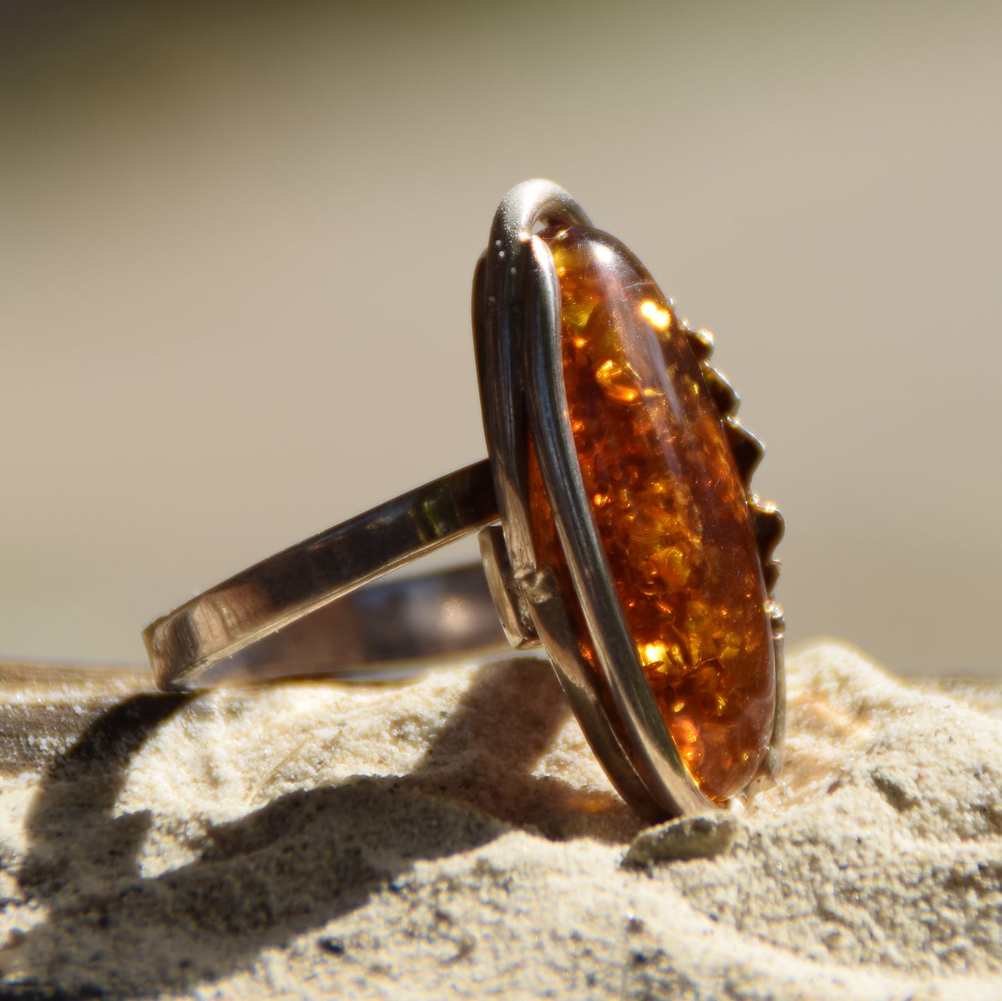 Large adjustable vintage-style ring with cognac-colored Natural Amber and 925 Silver, MJ Baltica, BP107