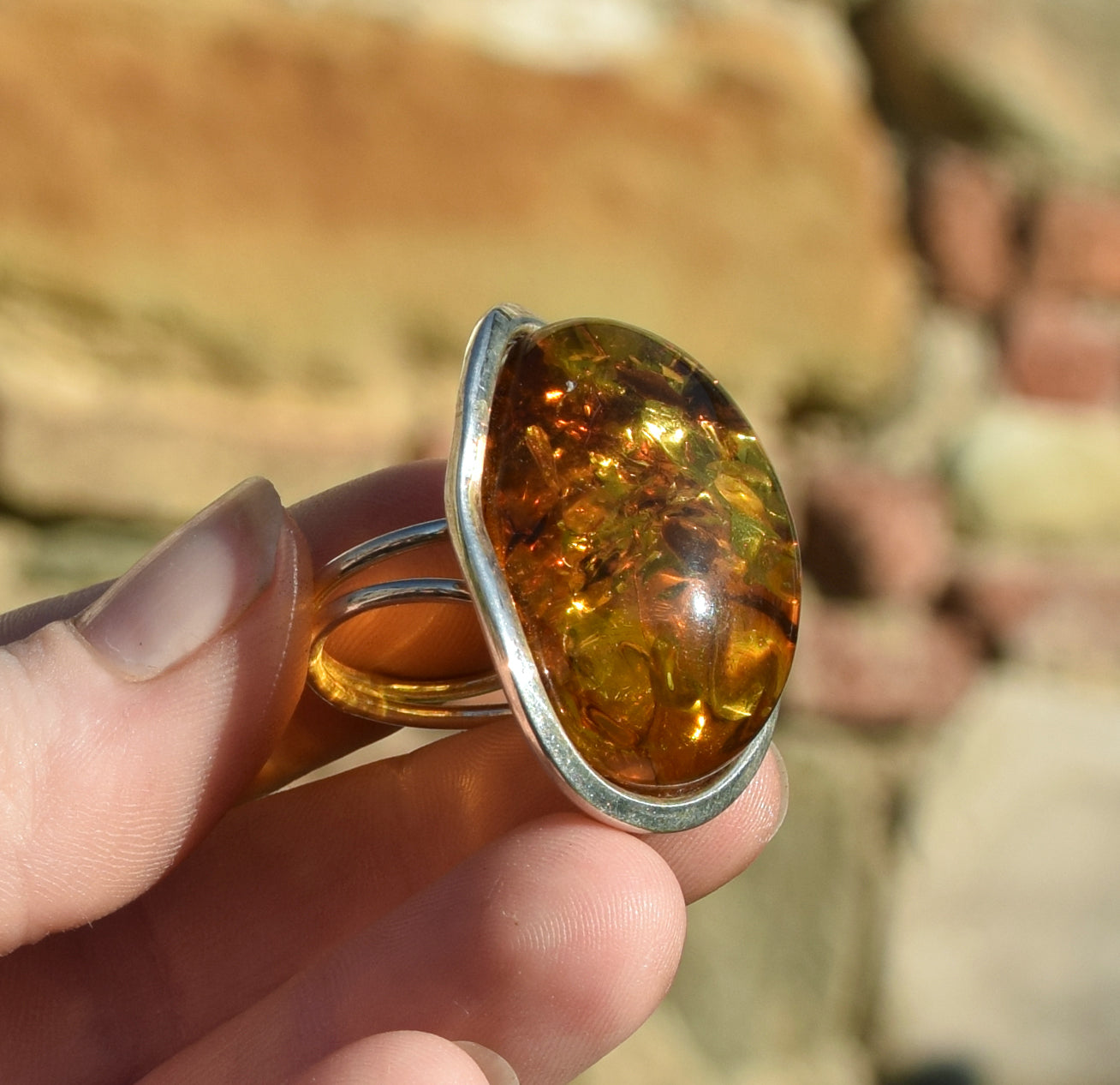 MJ Baltica, ring, Natural Baltic Amber, 925 Silver, large, luminous, cognac, adjustable and unique BP108