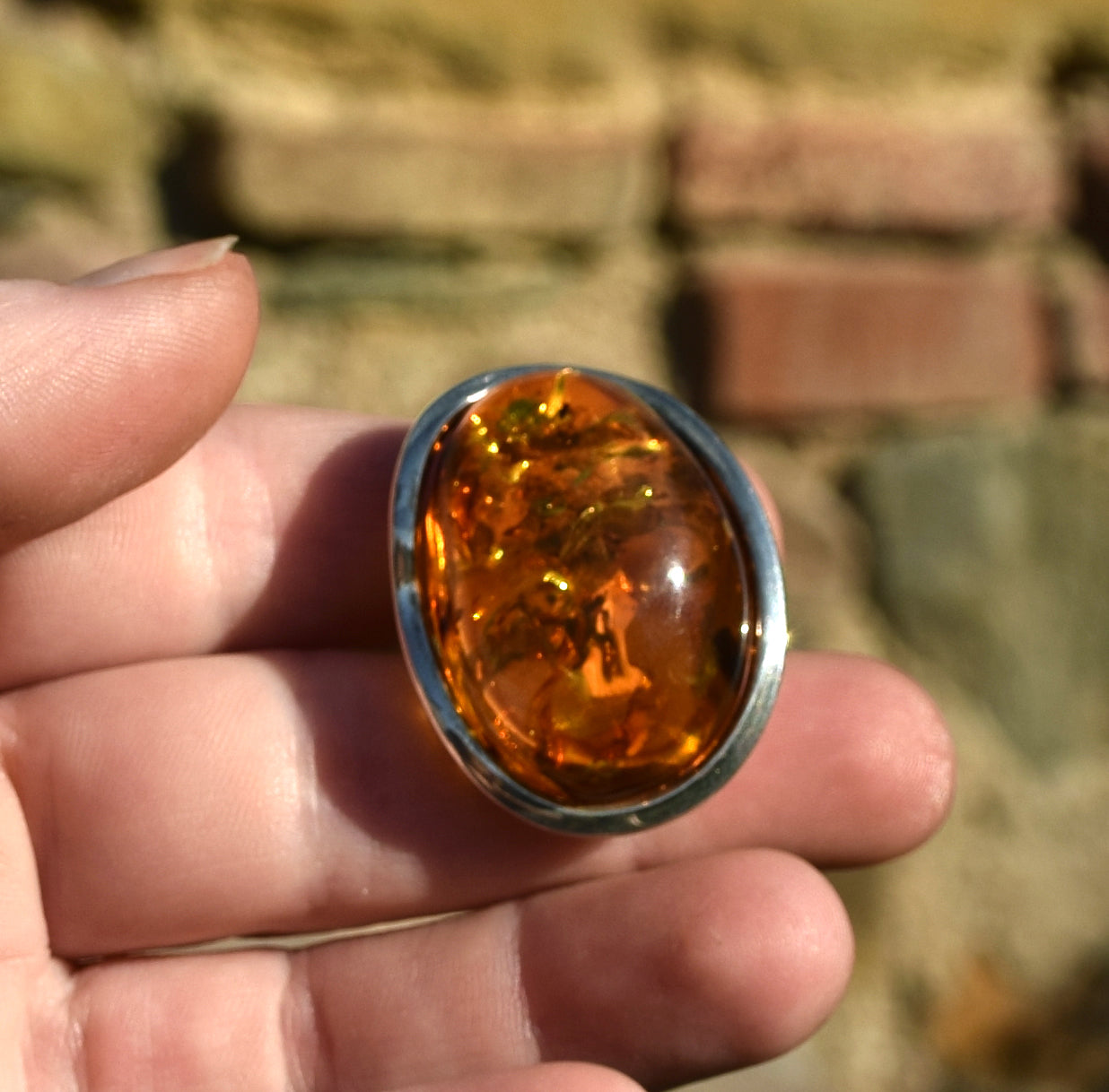 MJ Baltica, ring, Natural Baltic Amber, 925 Silver, large, luminous, cognac, adjustable and unique BP108