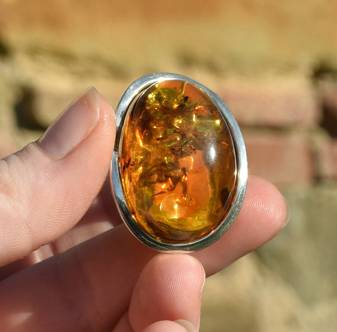 MJ Baltica, ring, Natural Baltic Amber, 925 Silver, large, luminous, cognac, adjustable and unique BP108