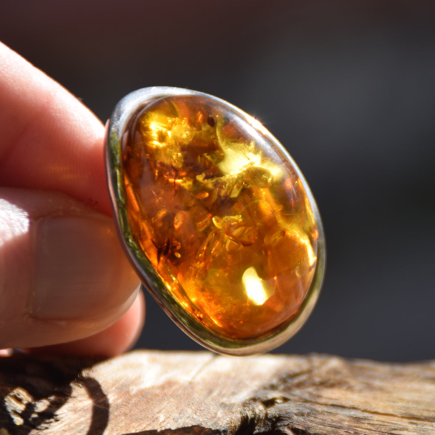 Large adjustable ring with cognac-colored oval natural amber gemstone and 925 Sterling Silver, MJ Baltica, BP108