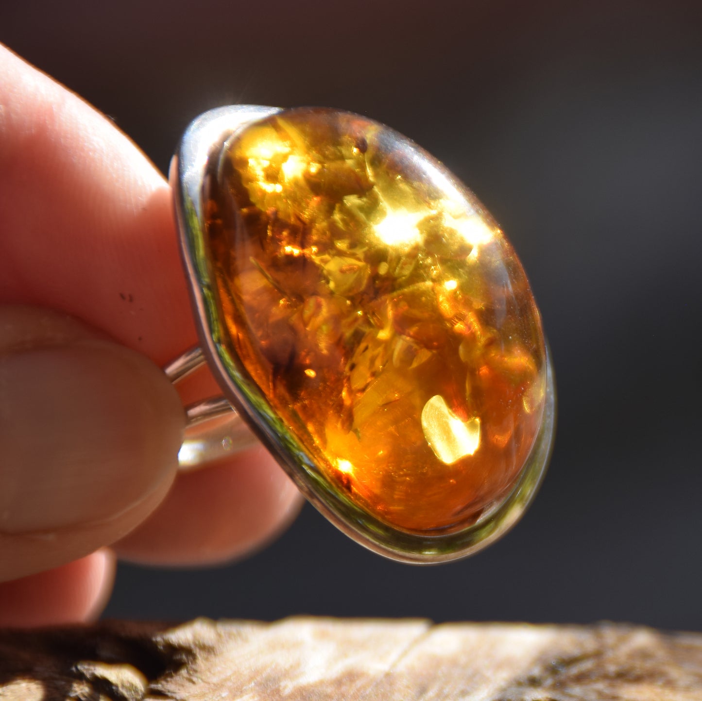 Large adjustable ring with cognac-colored oval natural amber gemstone and 925 Sterling Silver, MJ Baltica, BP108