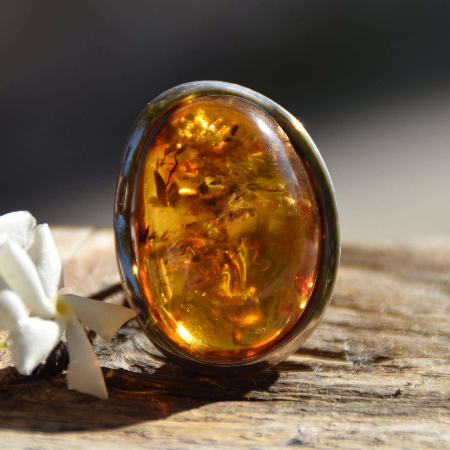 Large adjustable ring with cognac-colored oval natural amber gemstone and 925 Sterling Silver, MJ Baltica, BP108