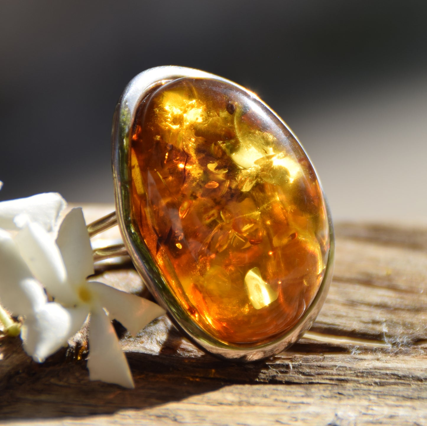 Large adjustable ring with cognac-colored oval natural amber gemstone and 925 Sterling Silver, MJ Baltica, BP108