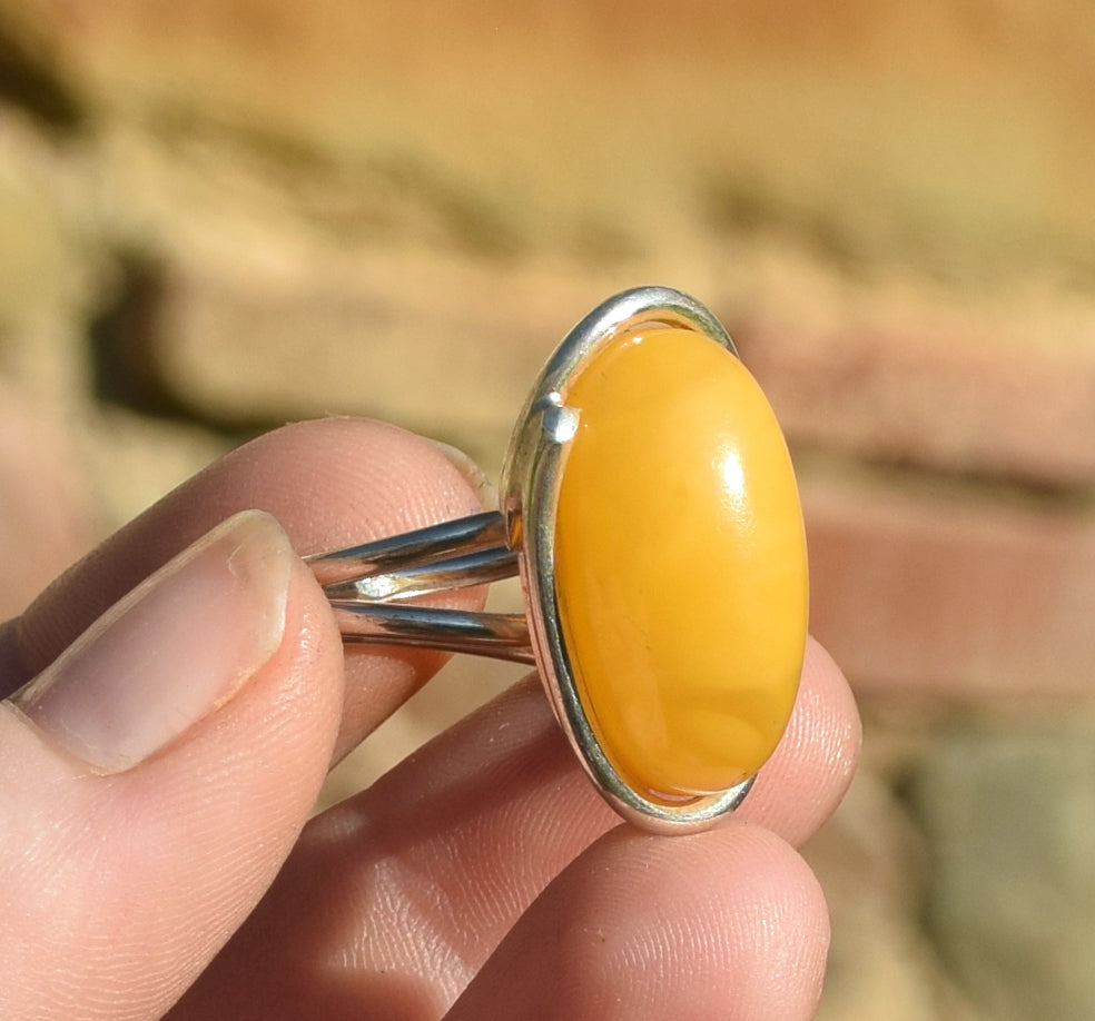 MJ Baltica, ring, Natural Baltic Amber, 925 Silver, large, luminous, imperial amber, adjustable and unique BP109