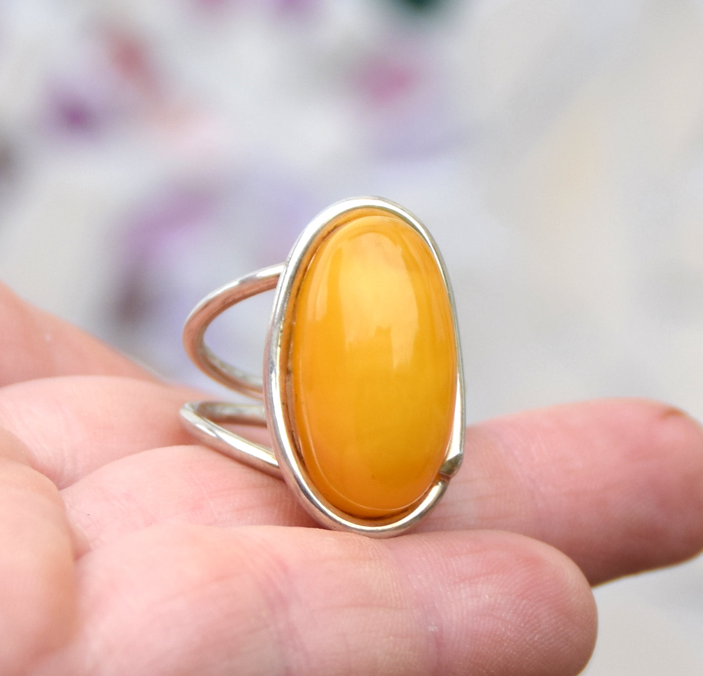 MJ Baltica, ring, Natural Baltic Amber, 925 Silver, large, luminous, imperial amber, adjustable and unique BP109