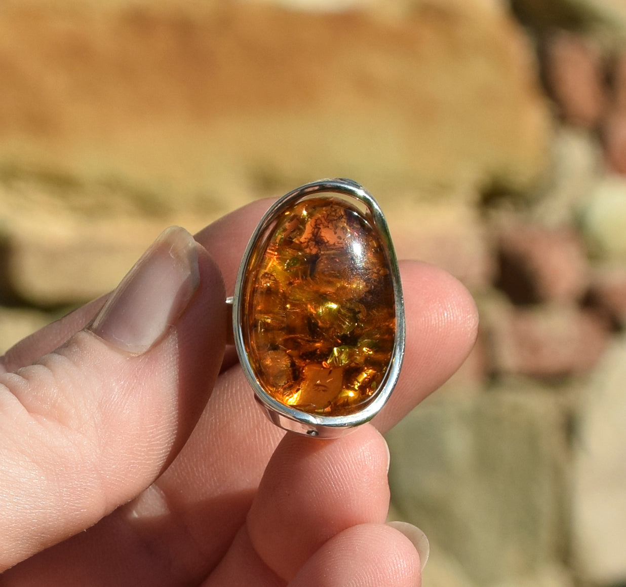 MJ Baltica, ring, Natural Baltic Amber, 925 Silver, large, luminous, cognac, adjustable and unique BP110