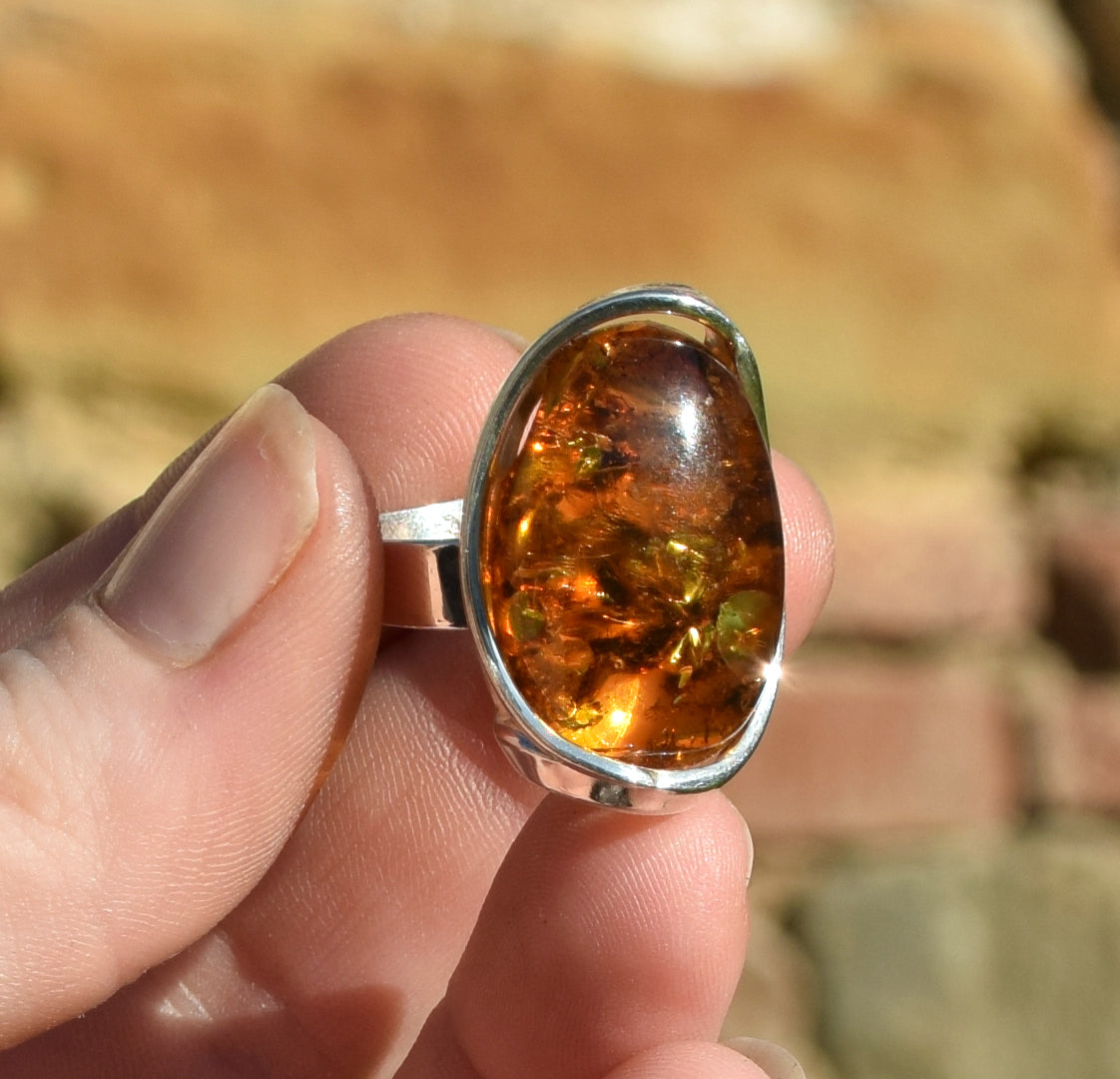 MJ Baltica, ring, Natural Baltic Amber, 925 Silver, large, luminous, cognac, adjustable and unique BP110