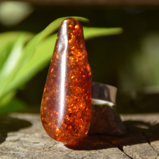 Tall, minimalist style ring created with Cognac Natural Amber and 925 Silver, MJ Baltica, BP113
