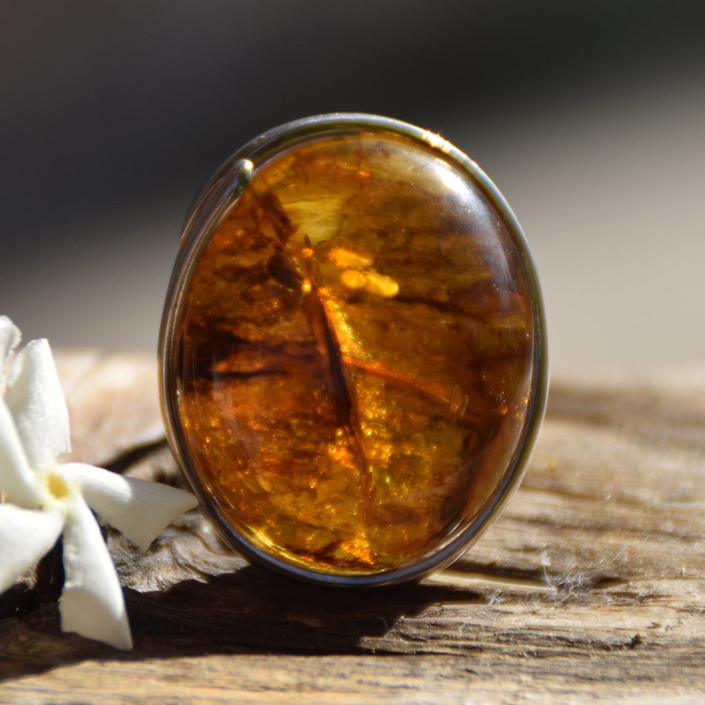 Large ring crafted with Cognac-colored Natural Amber with various inclusions and 925 Silver, MJ Baltica, BP115
