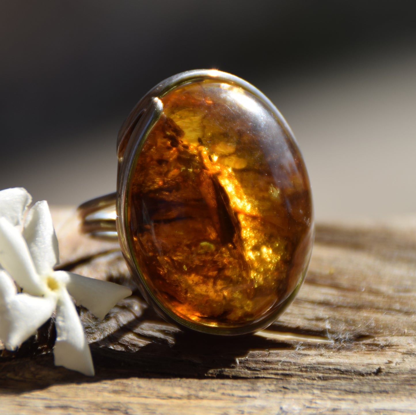 Large ring crafted with Cognac-colored Natural Amber with various inclusions and 925 Silver, MJ Baltica, BP115