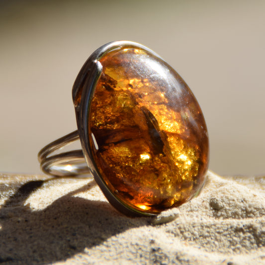 Large ring crafted with Cognac-colored Natural Amber with various inclusions and 925 Silver, MJ Baltica, BP115