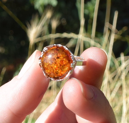 MJ Baltica, ring, natural Baltic amber, 925 silver, adjustable, handcrafted, cognac amber, filigree, BP116