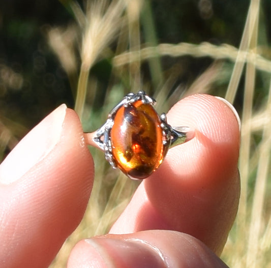 MJ Baltica, ring, natural Baltic amber, 925 silver, adjustable, handcrafted, cognac amber, filigree, BP118