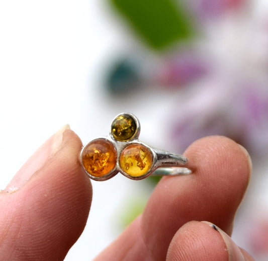 MJ Baltica, ring, natural Baltic Amber, 925 Silver, handcrafted, multicolored, luminous BP120